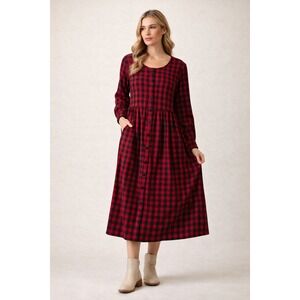 The Vermont Country Store Red Black Buffalo Plaid Midi Dress L Cottagecore‎